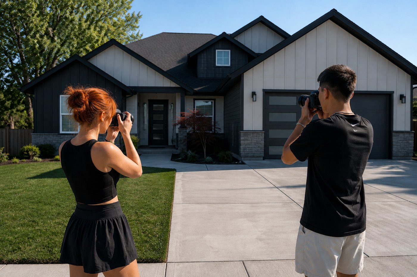 The two of us, cameras up, photographing a home