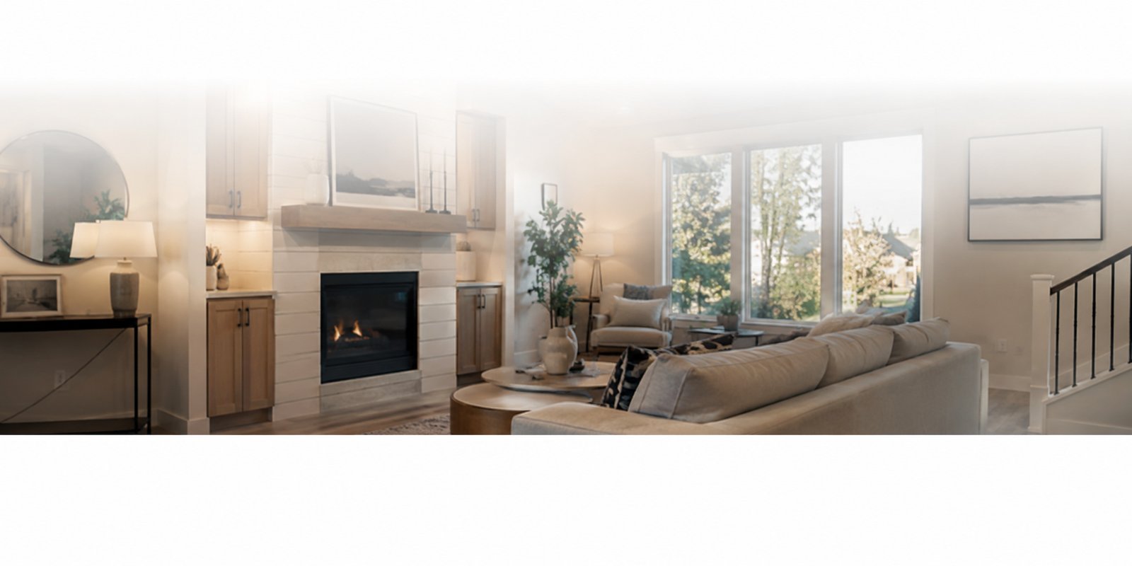 A warmly staged living room, ready to be photographed